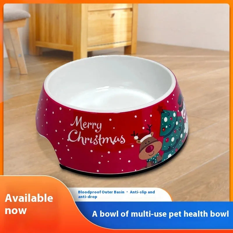 Red Christmas pet bowl with stainless steel upper layer and removable melamine tray