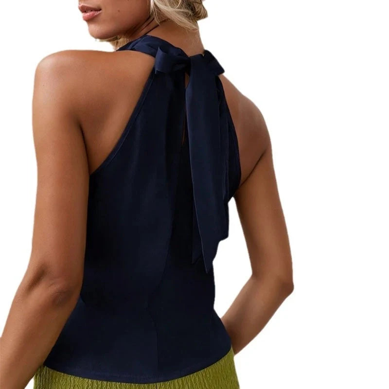 Women's stylish polyester sleeveless vest with halter neckline and backless design