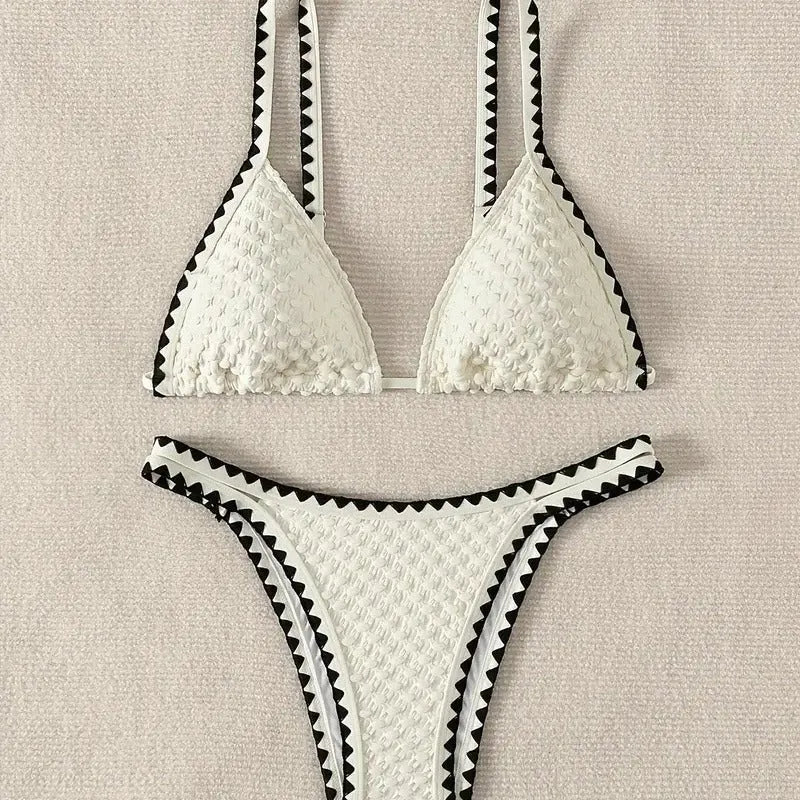 Women's white and blue split bikini swimsuit with briefs for swimming