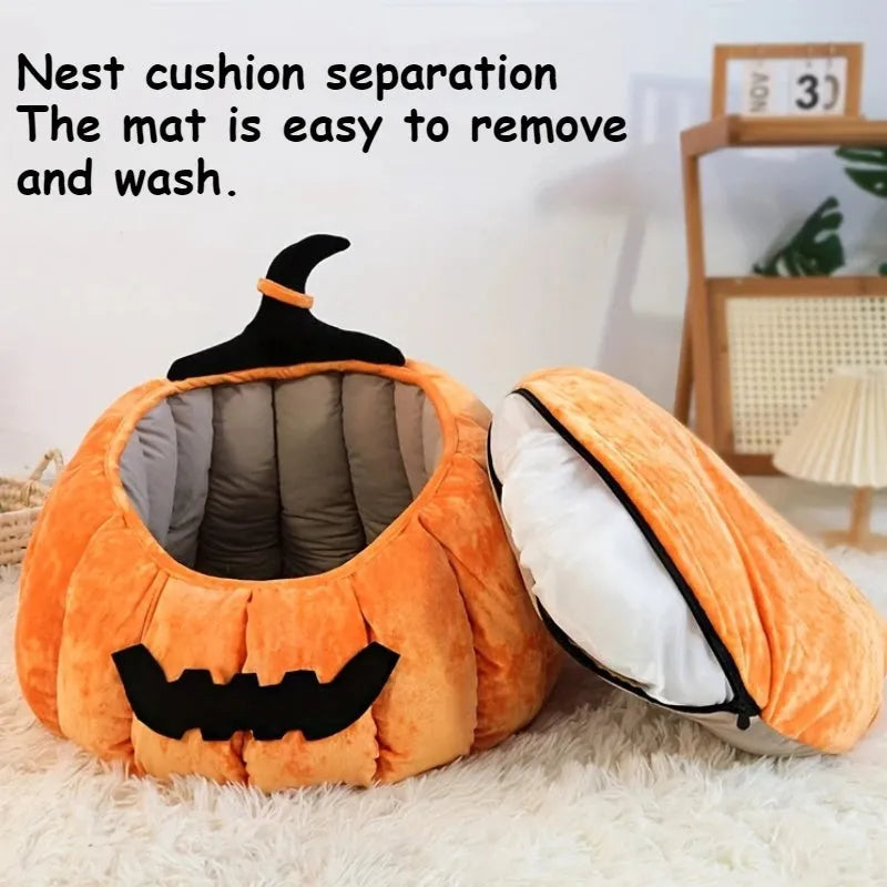Halloween pumpkin cat bed with cartoon devil design in plush fabric for cats and small dogs