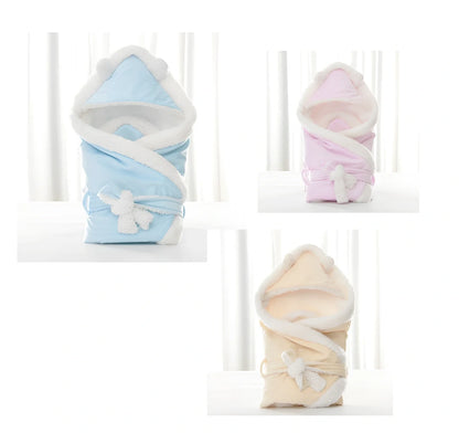 Velvet swaddling blanket 88x88cm in blue wrapping newborn baby for winter warmth, plain fabric set option available