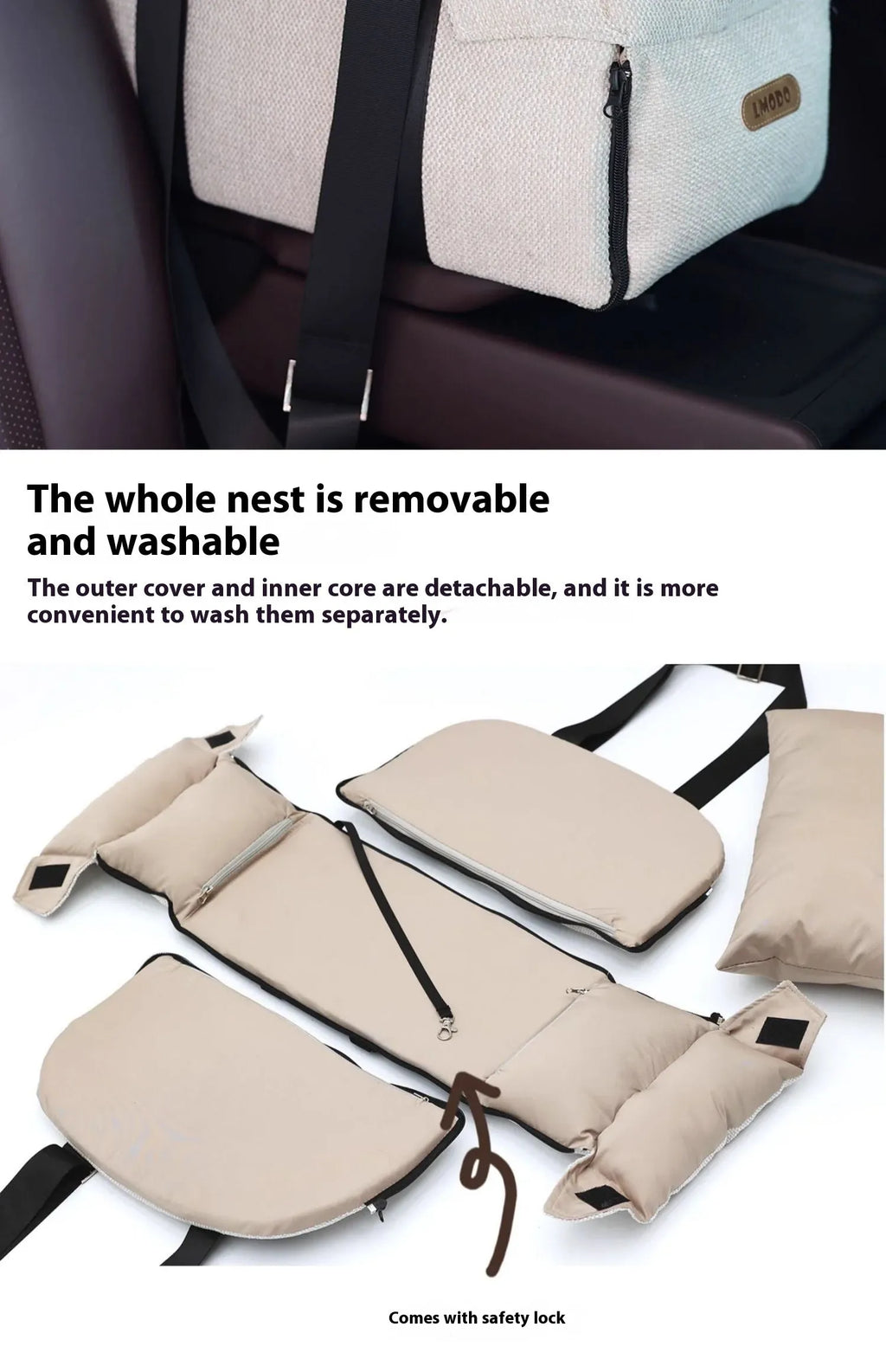 Beige white polyester dual-use pet car nest and bed for small animals.
