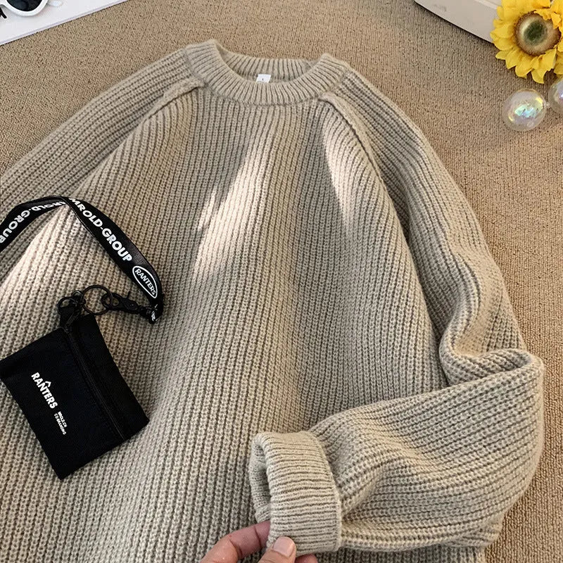Men's solid colour loose pullover sweater in black 100% polyester long sleeves casual top
