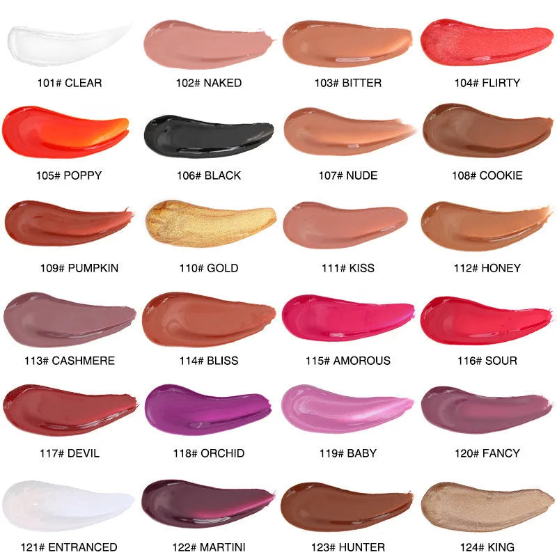 Solid jelly lip gloss in crystal pot with 24 colour options including clear, nude, and black water wave mirror finish