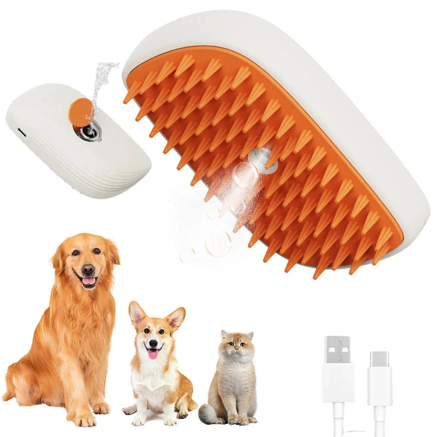 Rechargeable pet grooming brush with soothing steam massage function, designed for a comfortable and effective grooming experience for cats.