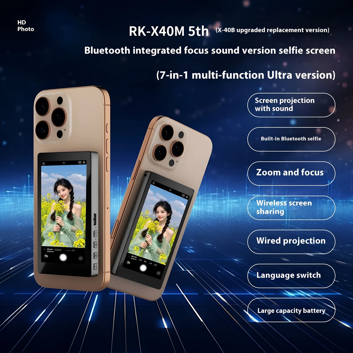 Mobile phone rear magnetic selfie display audio zoom with wireless Bluetooth screen projection