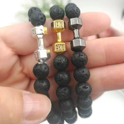 Men's fitness fashion bracelet with alloy metal barbell and lava rock stone beads