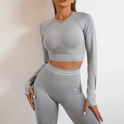 Comfortable and stylish workout wear including seamless leggings and long sleeve tops in a variety of colors