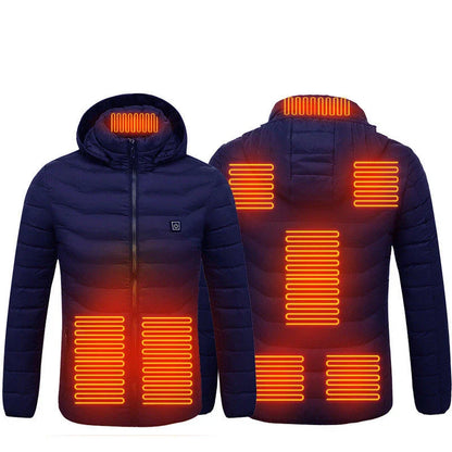 Heated puffer jacket with 9 heating zones, adjustable hood, and insulation for skiing in cold weather