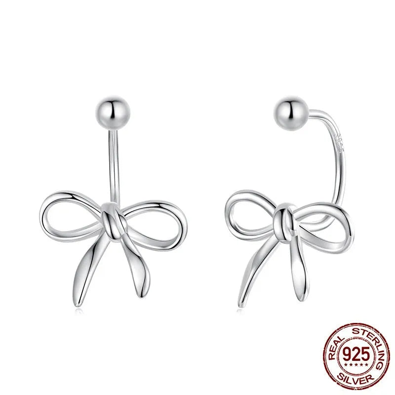 Women's S925 sterling silver bow stud earrings, polished silver finish, 1.2 cm bow shape on white background