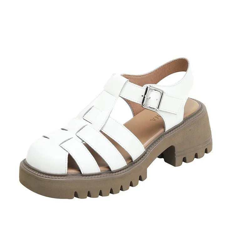 Women's retro platform sandals with chunky heel, closed round toe, and buckle strap in black and beige.