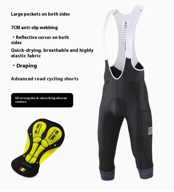 Shock-absorbing cycling pants with seven-inch cut, double pockets, and road mountain bike strap design
