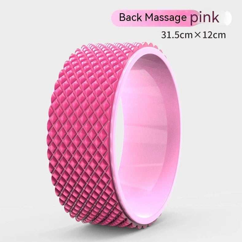 Yoga wheel with 31.5cm diameter in blue colour showing EVA outer ring and ABS inner construction