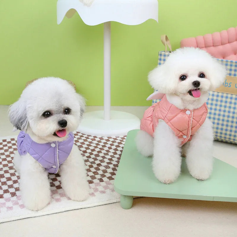 Pink and purple polyester casual skirt for small dogs on a white background.