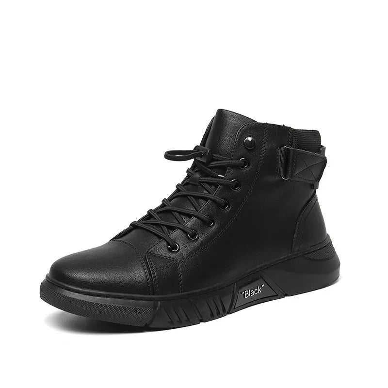 Black high-top men's leather boots with cotton lining and rubber sole on wooden floor