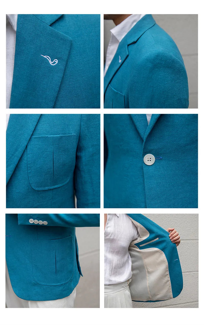 Thin breathable 100% linen casual suit jacket with double-breasted front in White Sky Blue Caramel