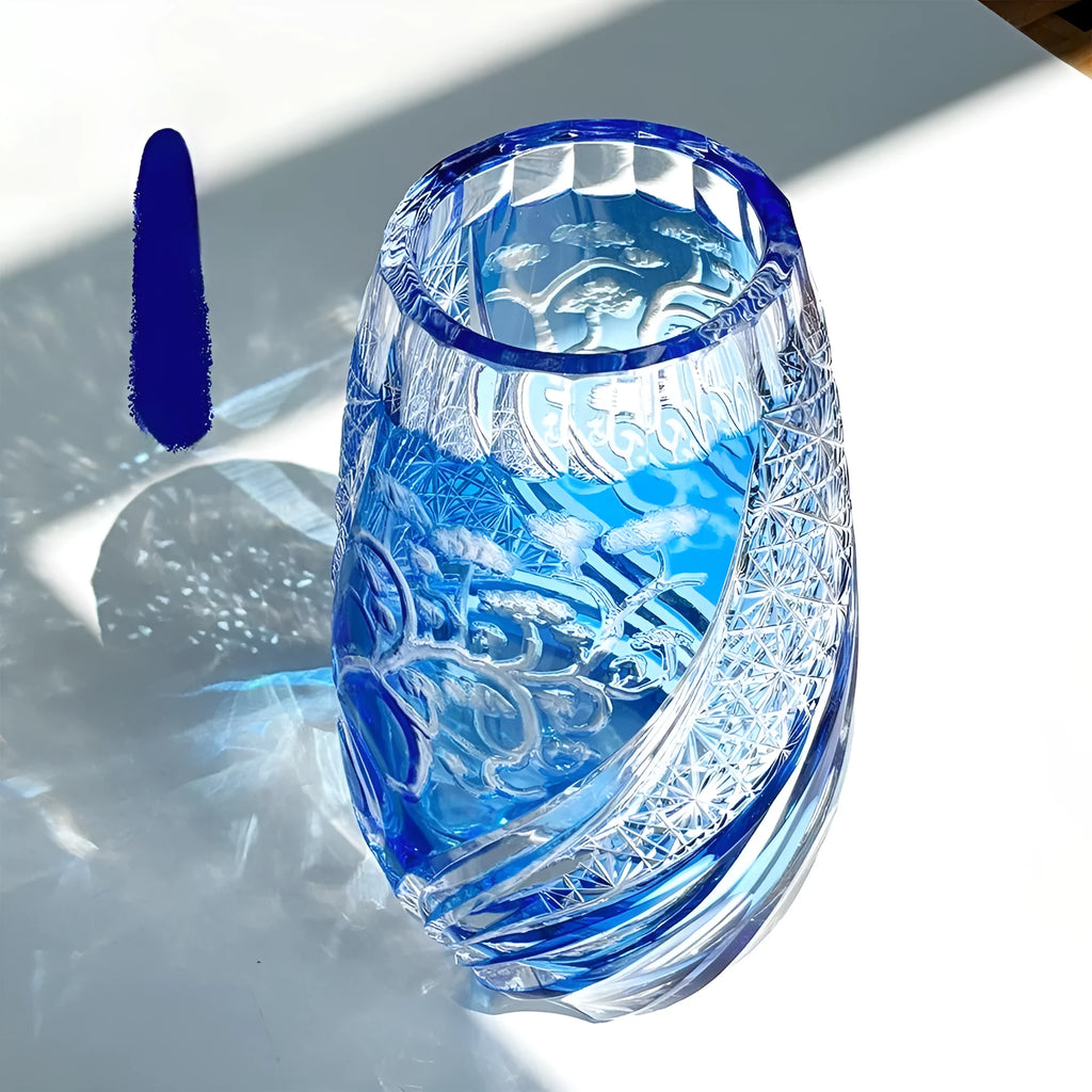 Blue Jianghu cut crystal glass tumbler 80x190mm on a table