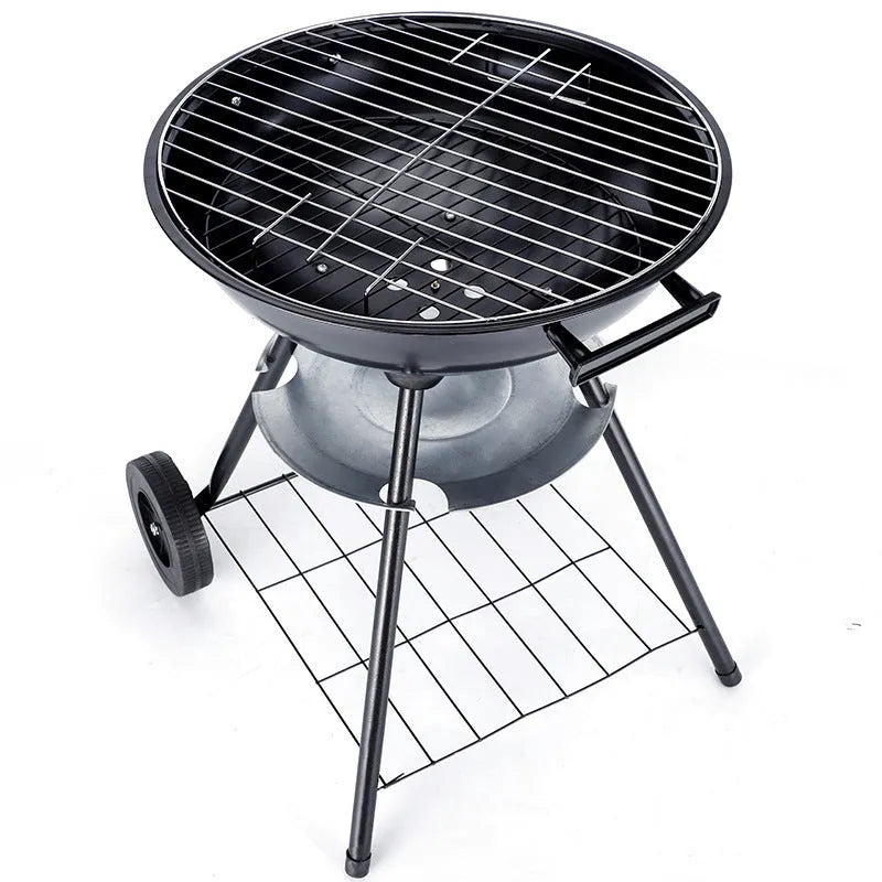 Portable 14-inch iron barbecue grill with a minimalist design on a patio.