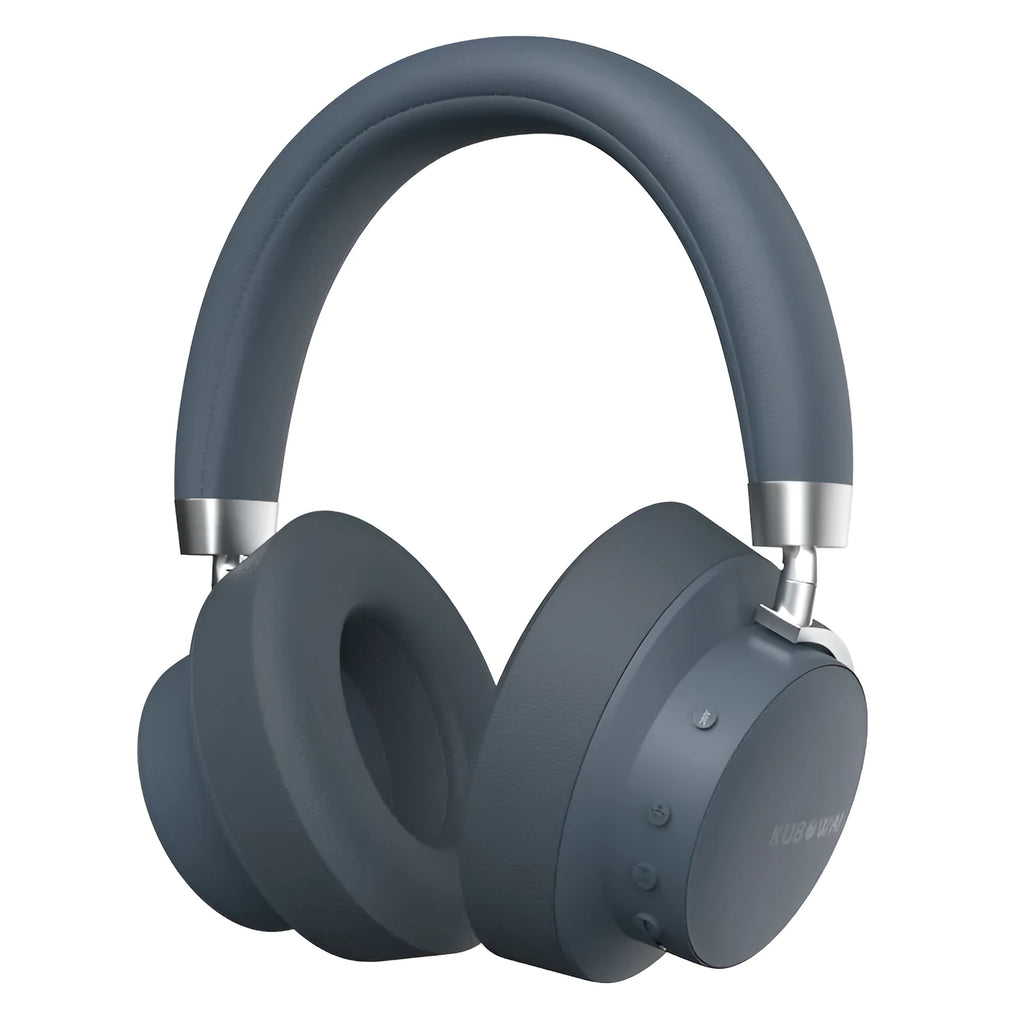 Grey sports wireless Bluetooth headset with head-mounted design and bilateral ear speakers