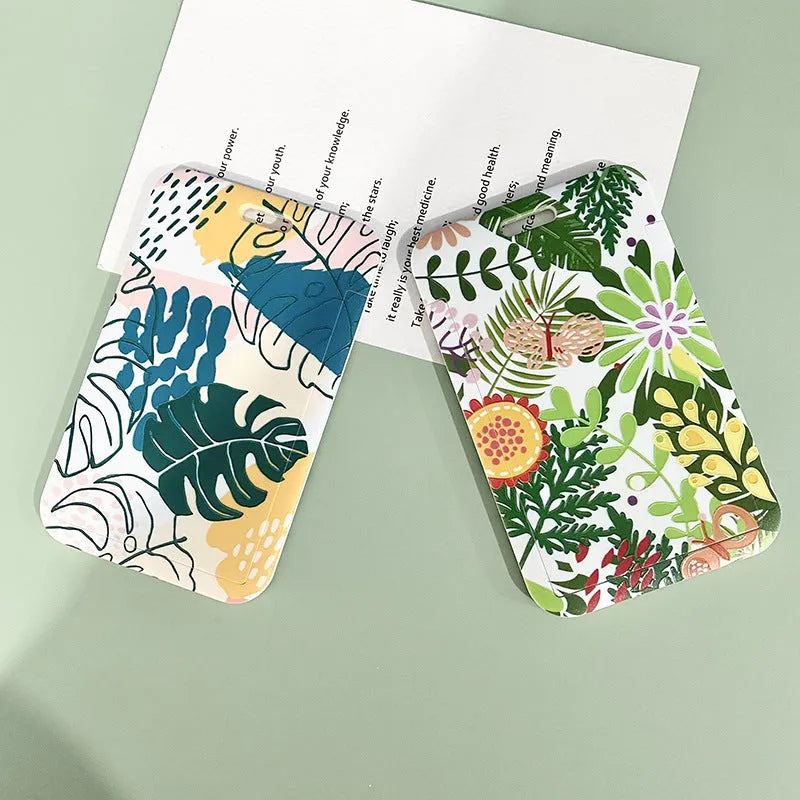 Plastic card cover with green plant diamond grid long lanyard and Monstera deliciosa motif on modern simple background