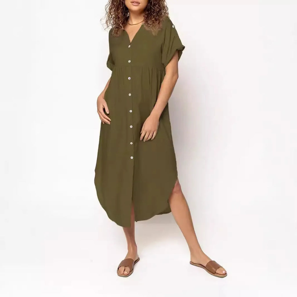 Loose fit solid colour midi dress with button fastening on a hanger.
