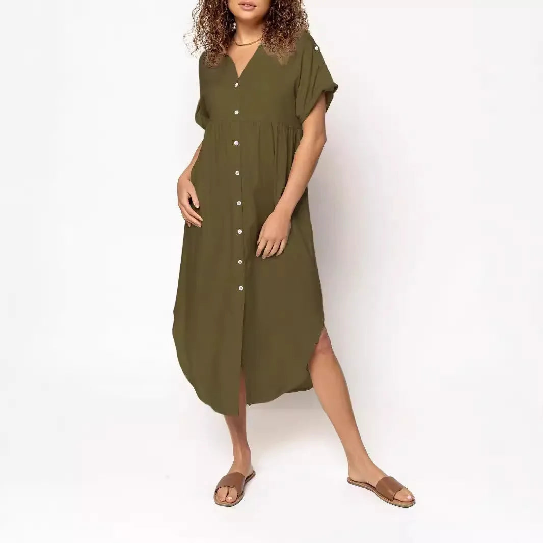Loose fit solid colour midi dress with button fastening on a hanger.