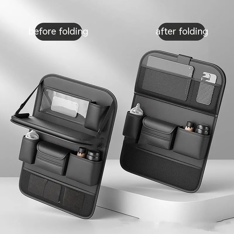 Waterproof leather car seat lazyback storage bag with foldable dining table, shown in black.