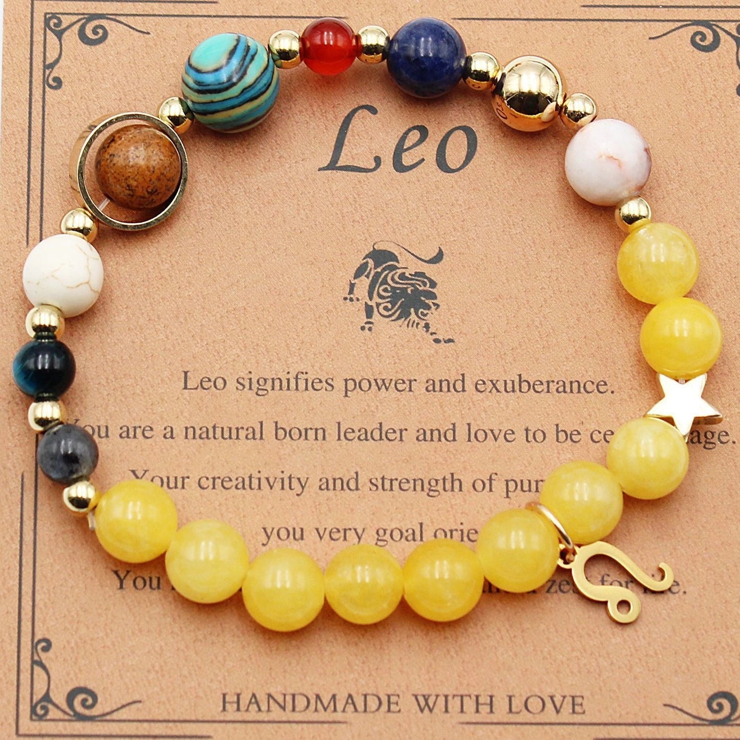 Morgan Stone beaded bracelet with twelve constellation designs, showcasing personalised zodiac signs.