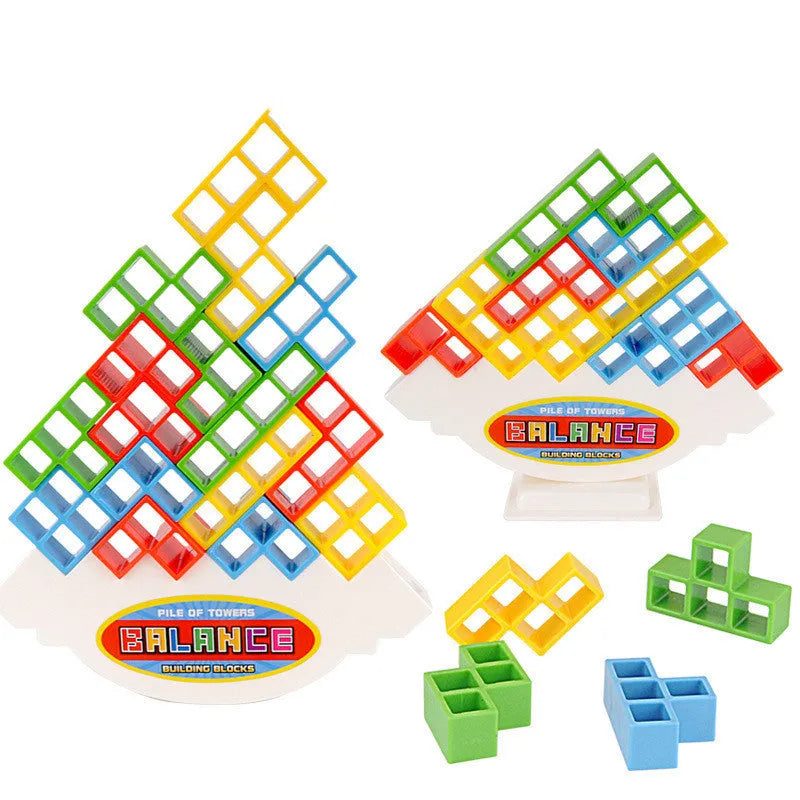 Plastic balancing stacking game with 16 colourful blocks and chassis for family entertainment