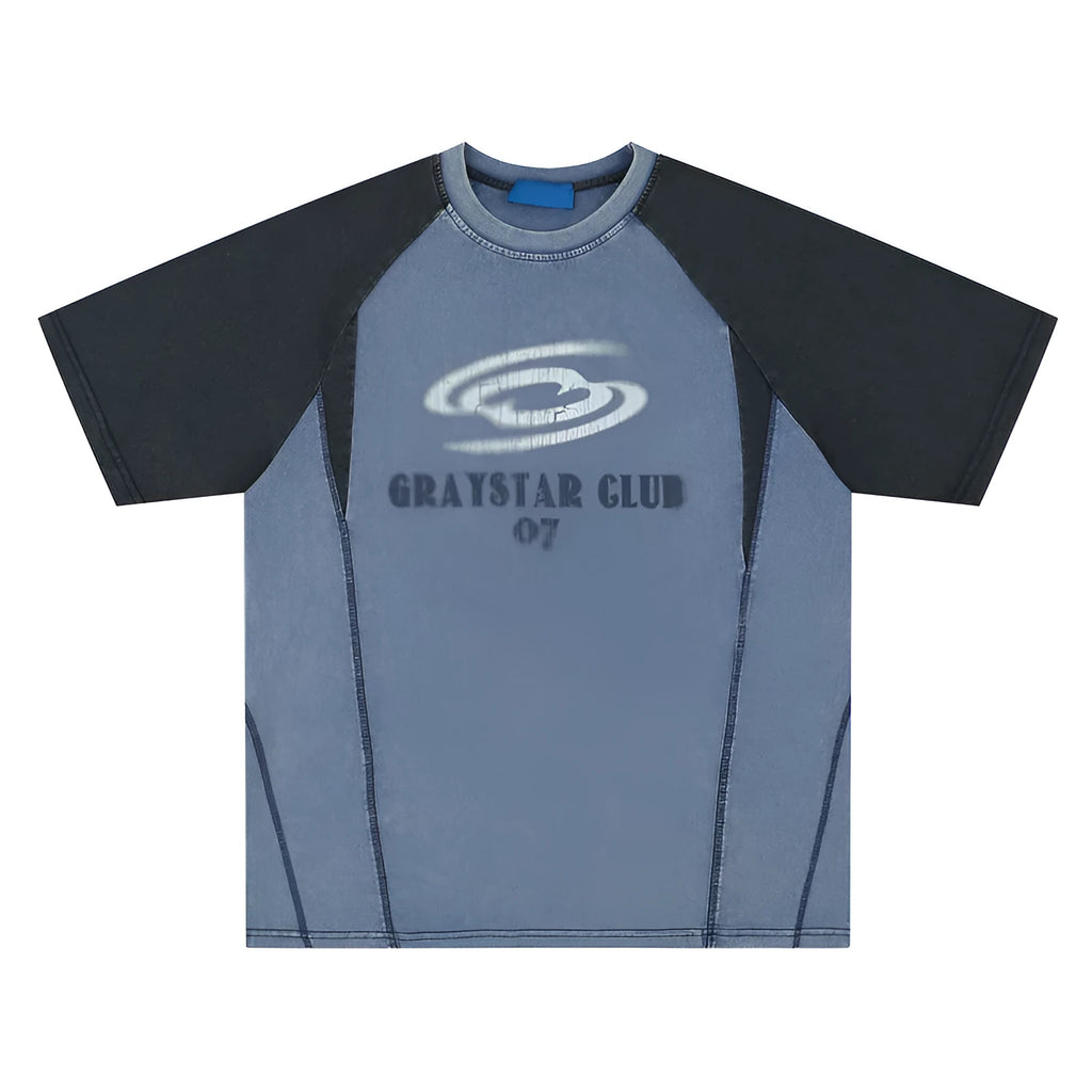 Blue men's loose fit cotton t-shirt with printed hip hop letters and raglan sleeves