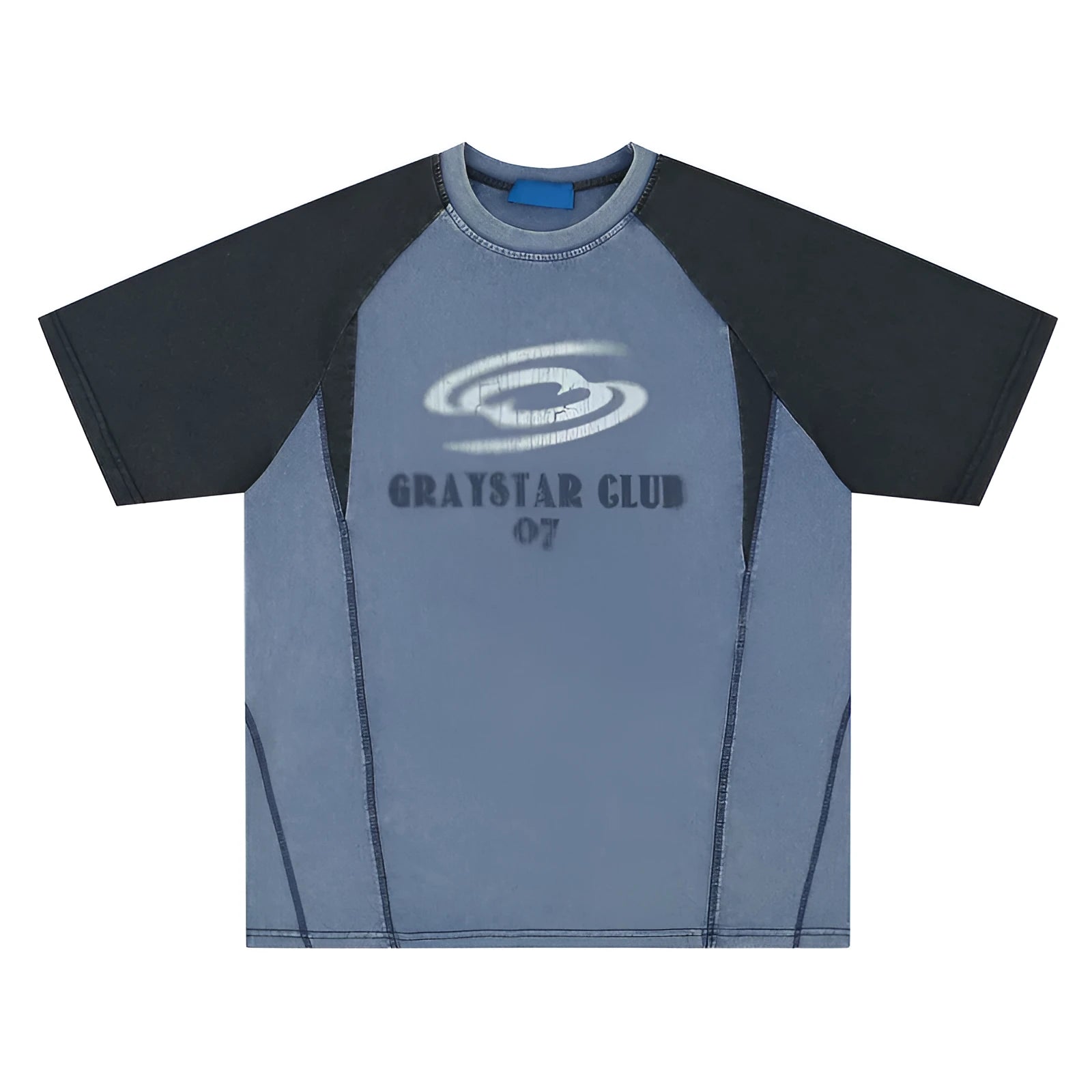 Blue men's loose fit cotton t-shirt with printed hip hop letters and raglan sleeves