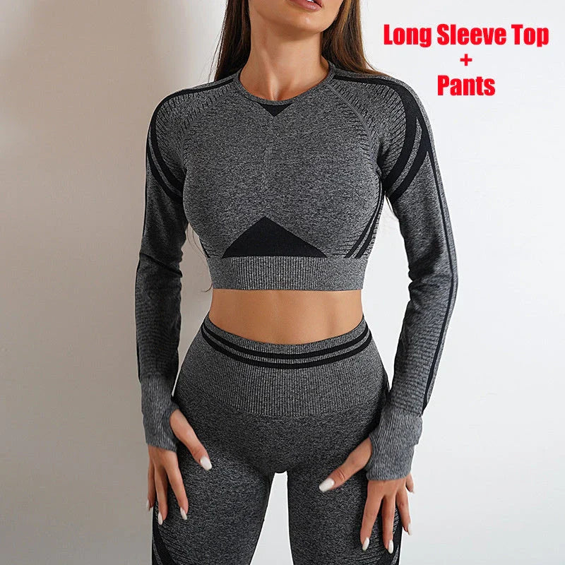 Comfortable and stylish workout wear including seamless leggings and long sleeve tops in a variety of colors
