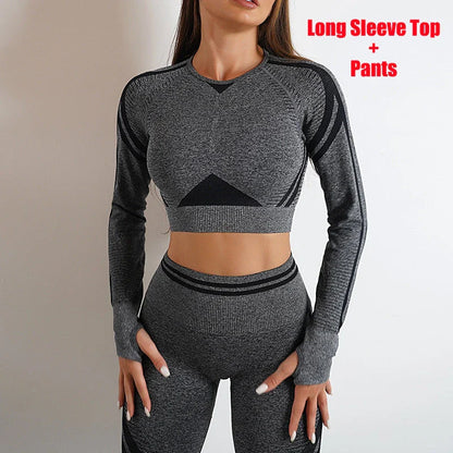 Comfortable and stylish workout wear including seamless leggings and long sleeve tops in a variety of colors