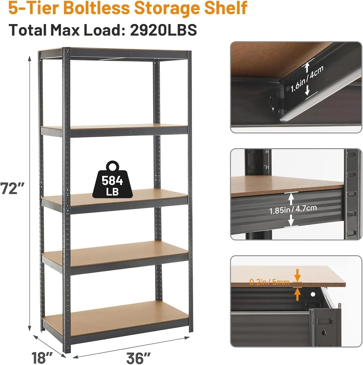 Black 5-layer floor display stand storage bookshelf 180cm high with metal shelving and punch-free design