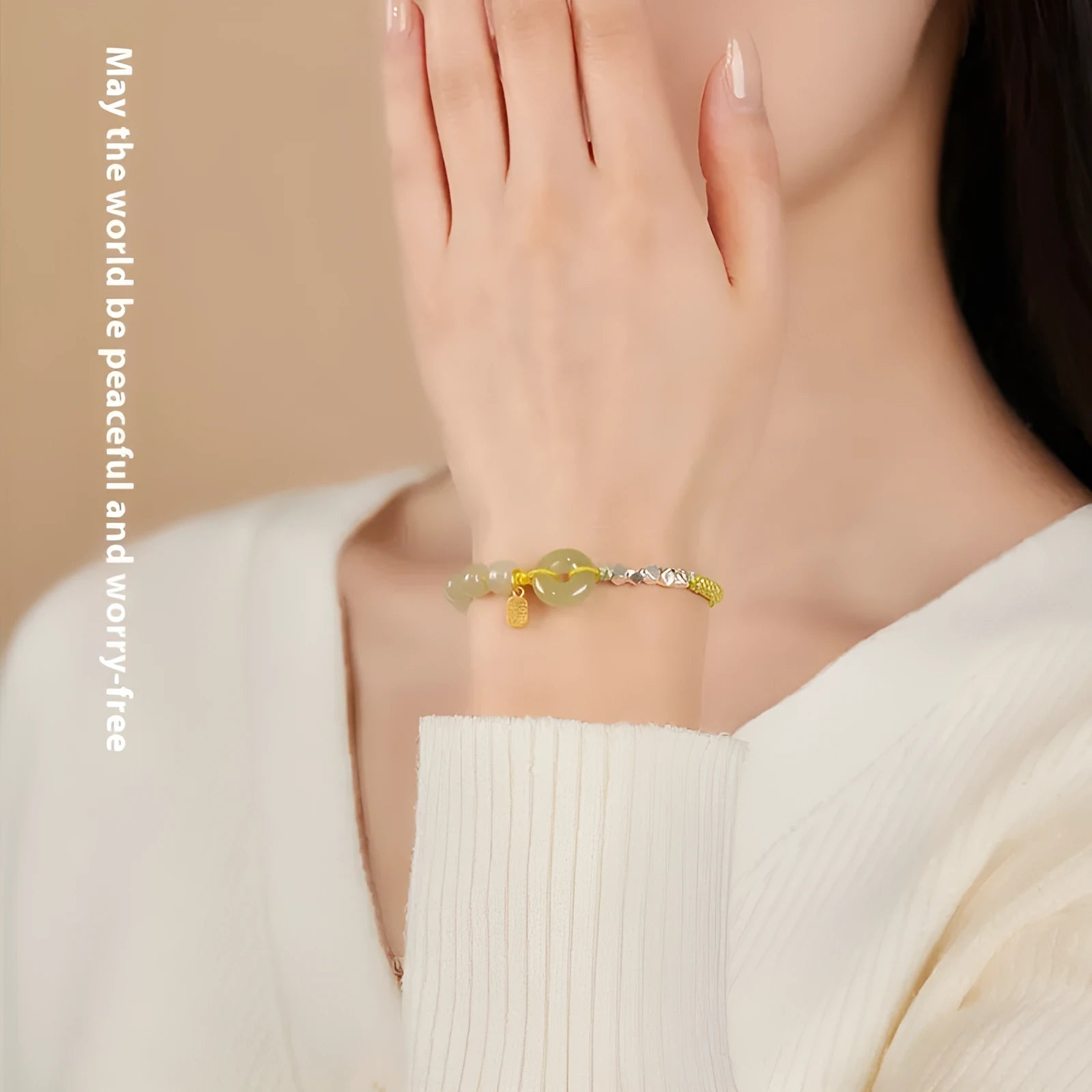 Woven Hetian jade bracelet with safety buckle in flower shape with chamfered square grain pattern