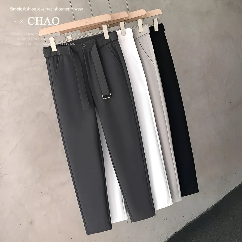 Boys slim straight tapered wool trousers in grey, shown with a straight leg opening.