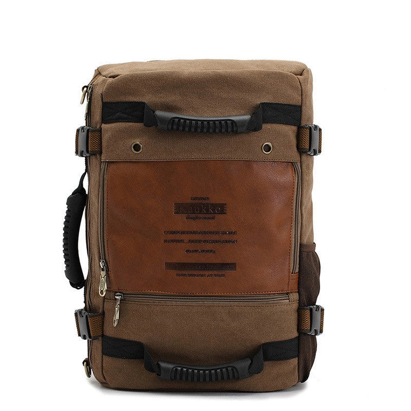 Men's canvas backpack with multiple pockets for travel and school