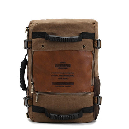 Men's canvas backpack with multiple pockets for travel and school