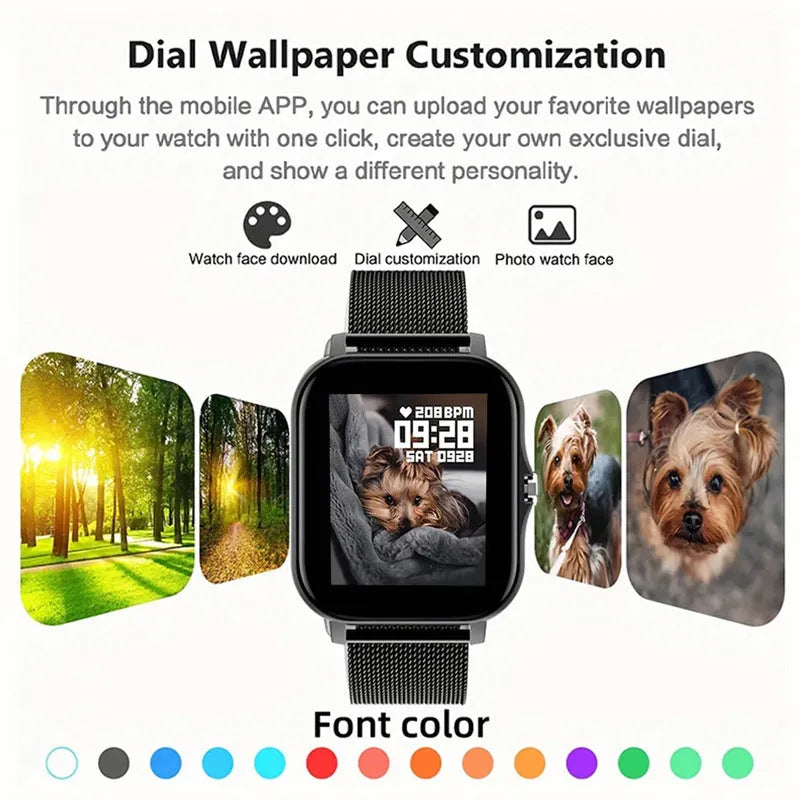 Smart watch with 1.44-inch colour touch screen and black silicone strap on a wrist