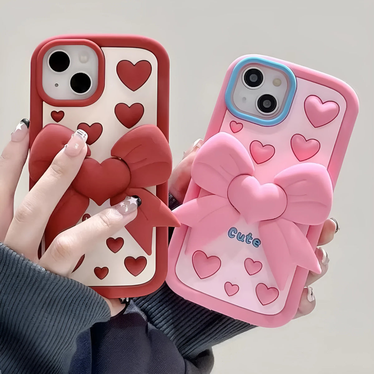 Pink 3D bracket bow heart silicone phone case for iPhone with hidden holder on the back
