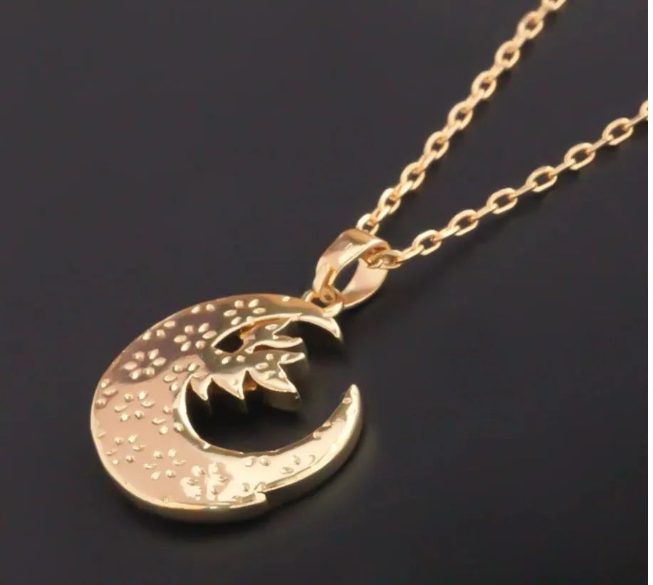 Handmade gold enamel crescent moon pendant necklace on clavicle chain