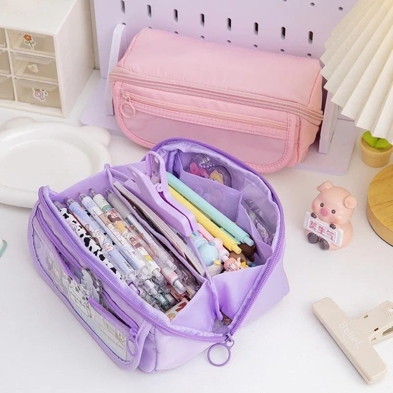 Korean style canvas pencil box with ten-layer flip design in multiple colour options