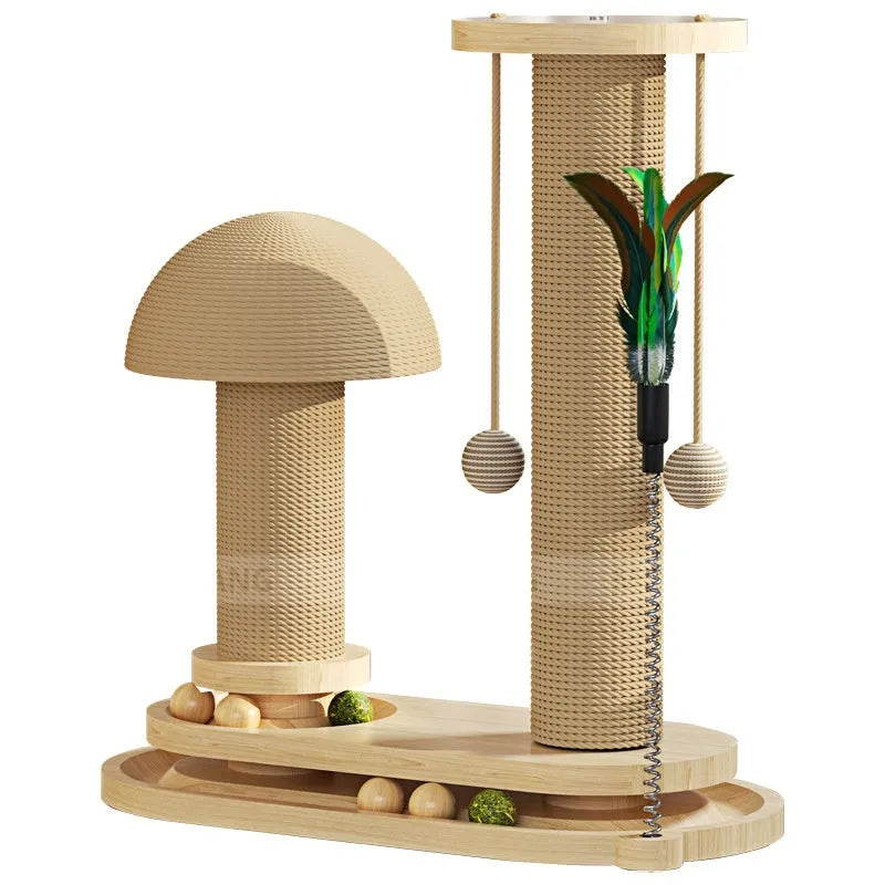 Solid wood cat scratching post with a central oval-shaped turntable platform for cats to play on.