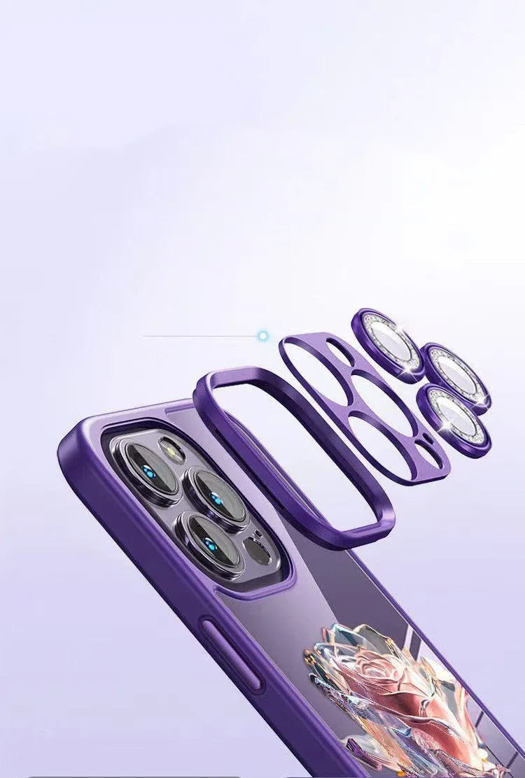Dark purple fairy pink rose TPU iPhone case with sparkling pink lens film on an iPhone 14 Pro.