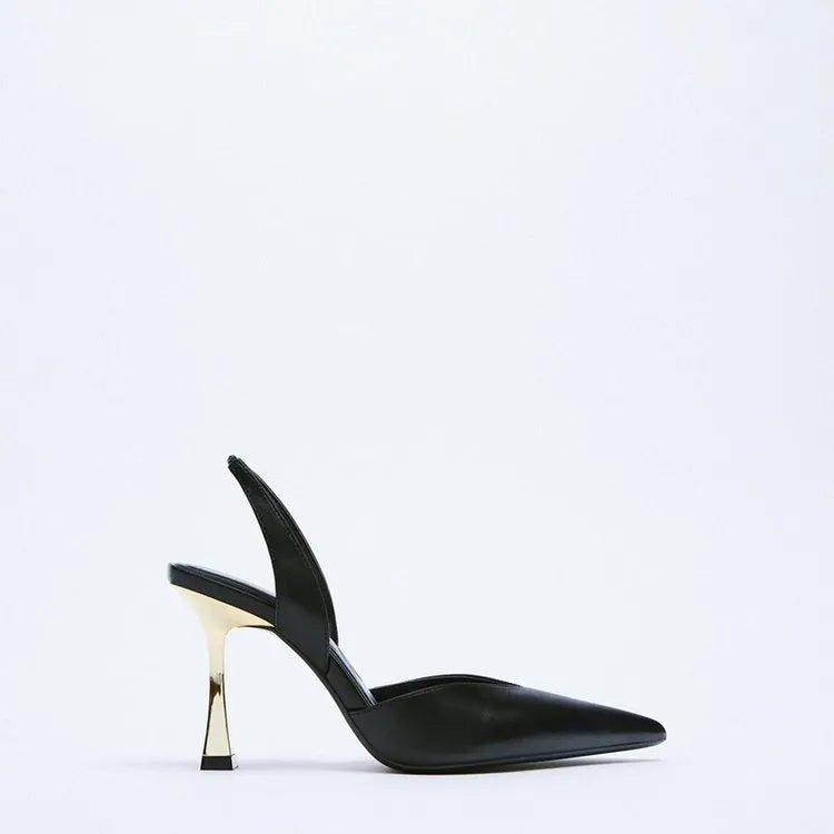 Women's pointed toe high heels in apricot colour with a shallow mouth design and glossy patent leather upper.