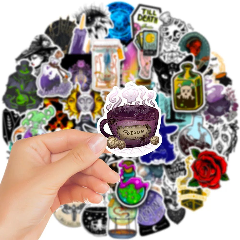 Pack of 50 colourful waterproof PVC stickers for laptops and skateboards on a smooth surface.
