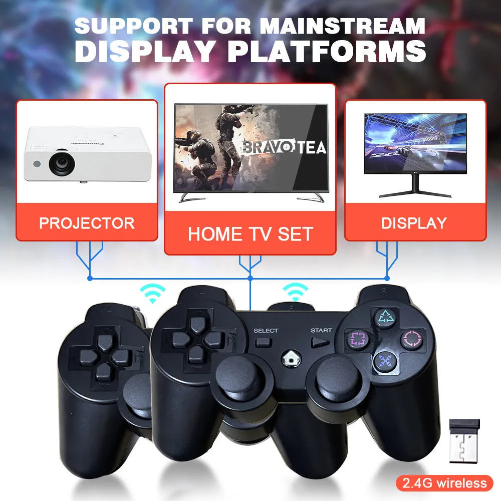 Retro TV game console with two rechargeable controllers, HDMI output, and ABS plastic build, 16 x 11.5 x 10.5 cm