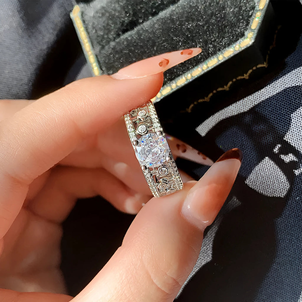 Women's copper hexagon hollow-out anti-moissanite ring in ins style on a plain background