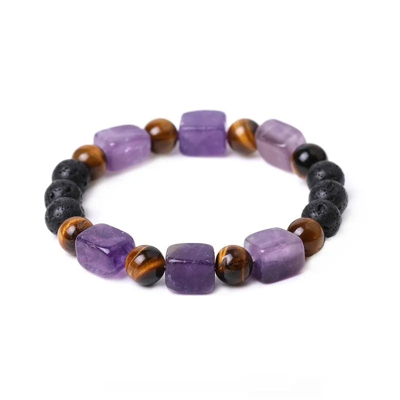 Rectangular volcanic stone bracelet in amethyst, red, brown, green, or blue colour on a wrist.