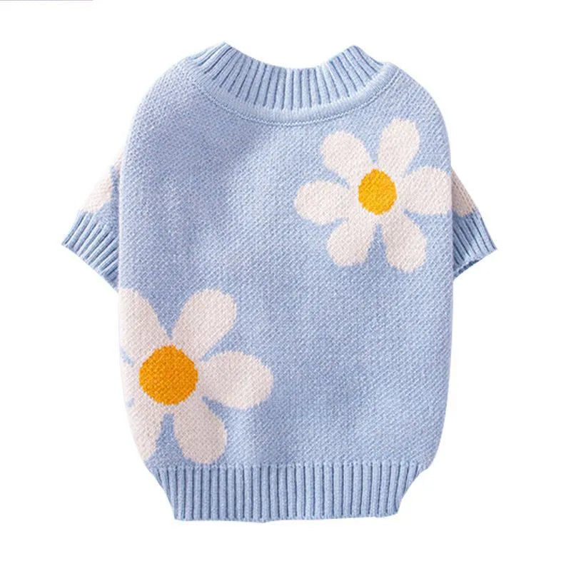 Blue polyester sweater for a small dog on a white background, showing the front of the garment.